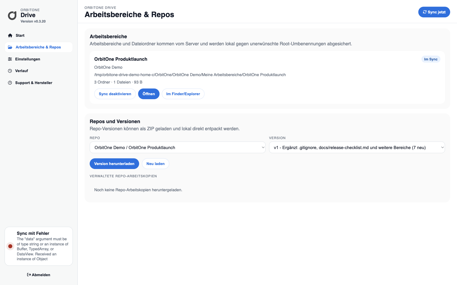OrbitOne Drive mit synchronisiertem Workspace und verfügbarer Repository-Version
