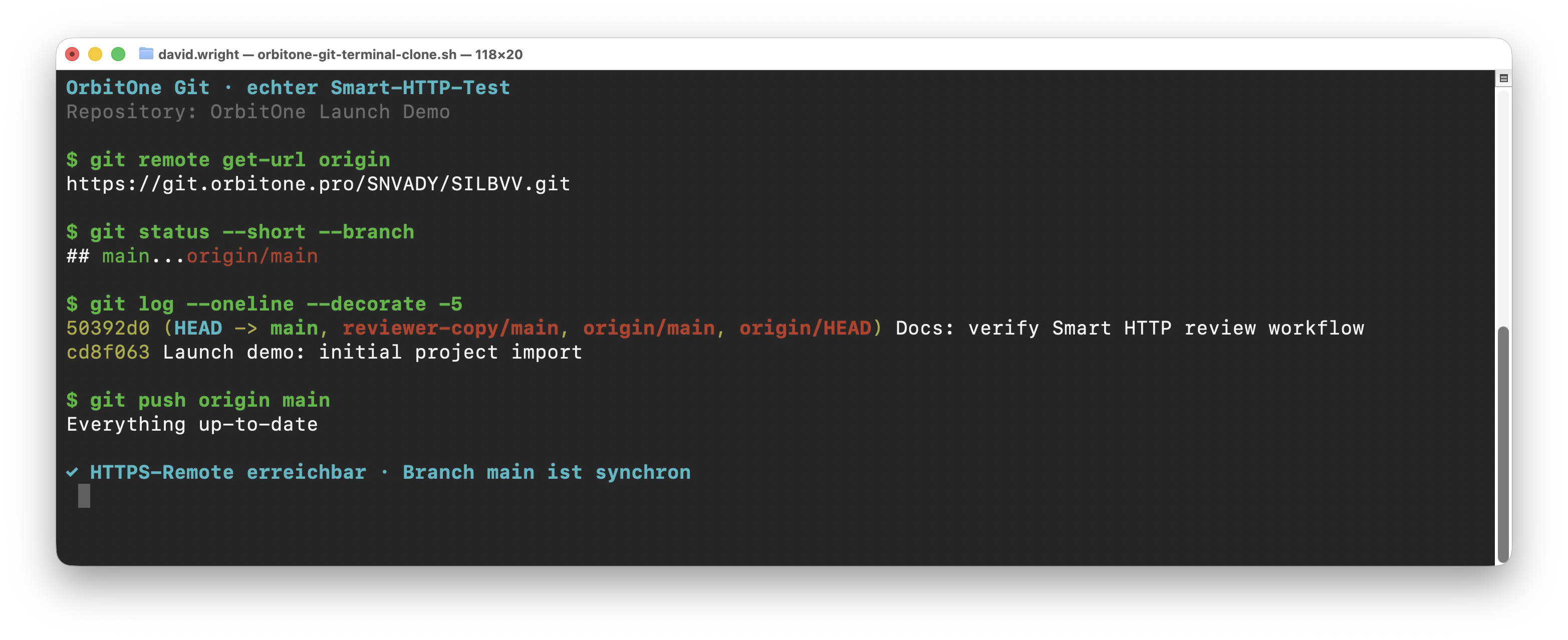 Terminal mit OrbitOne Git Remote, Branch-Status, Commit-Historie und erfolgreichem Push auf main