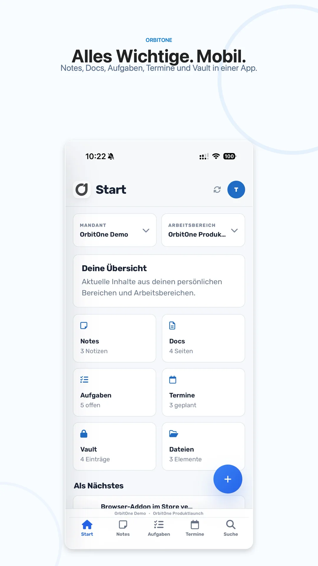 Startseite von OrbitOne Mobile unter Android