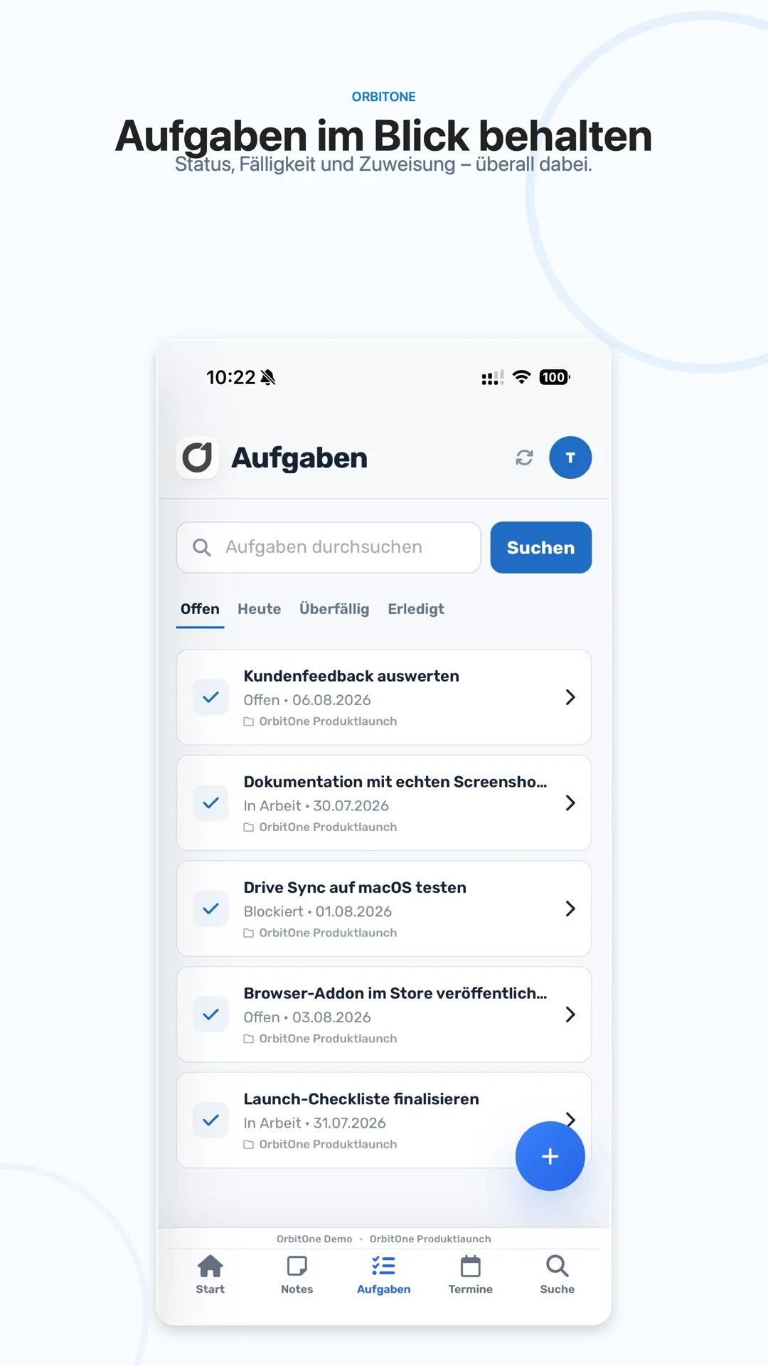 Aufgaben in OrbitOne Mobile unter Android