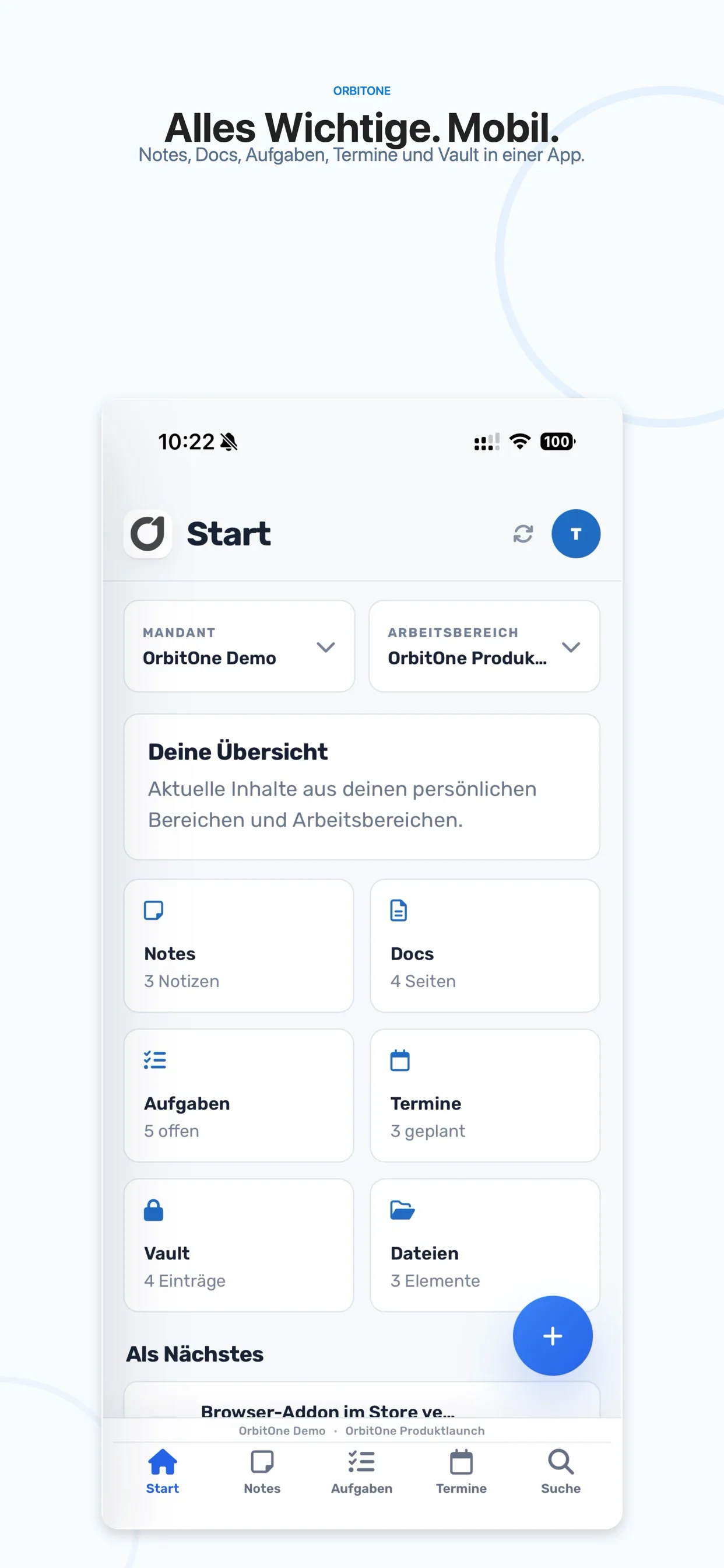 Startseite von OrbitOne Mobile auf dem iPhone