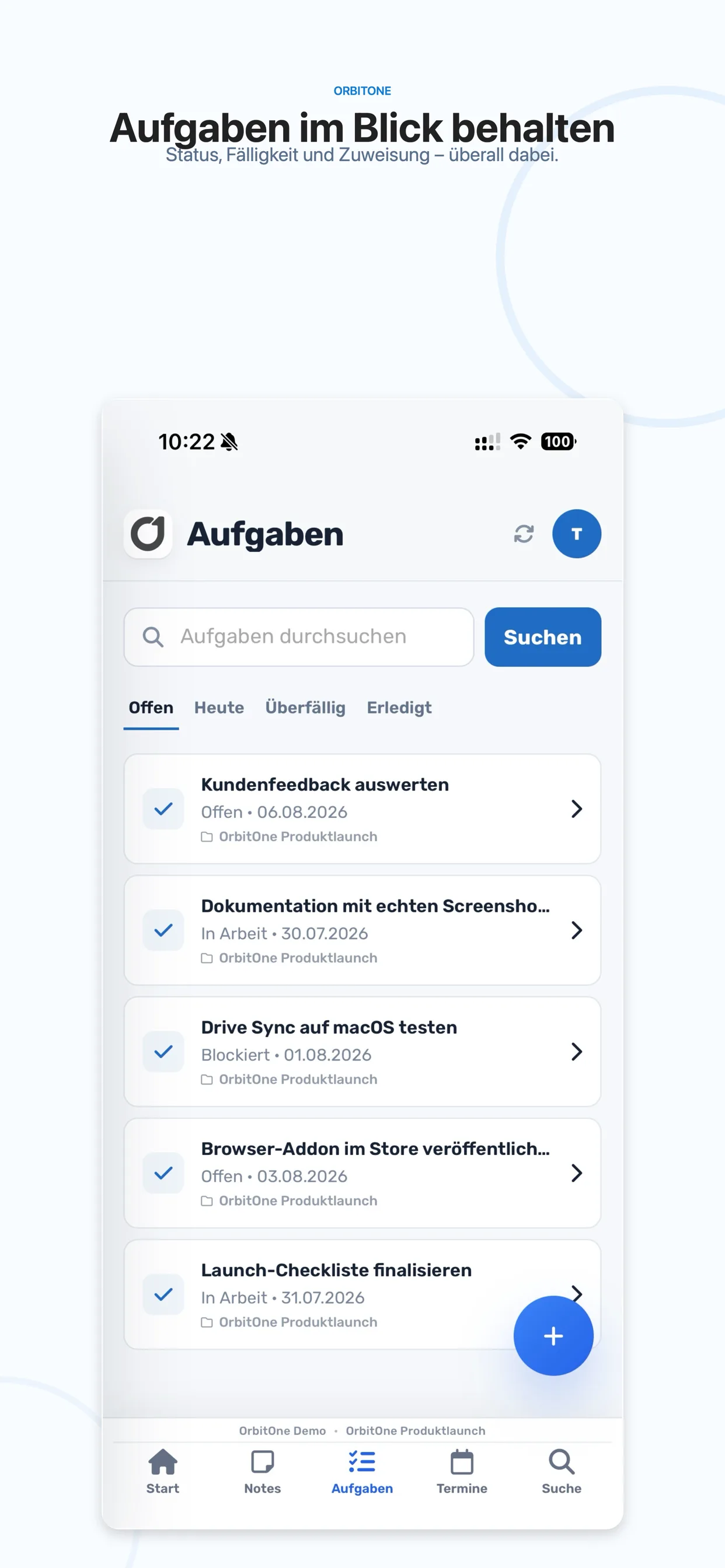 Aufgaben in OrbitOne Mobile auf dem iPhone