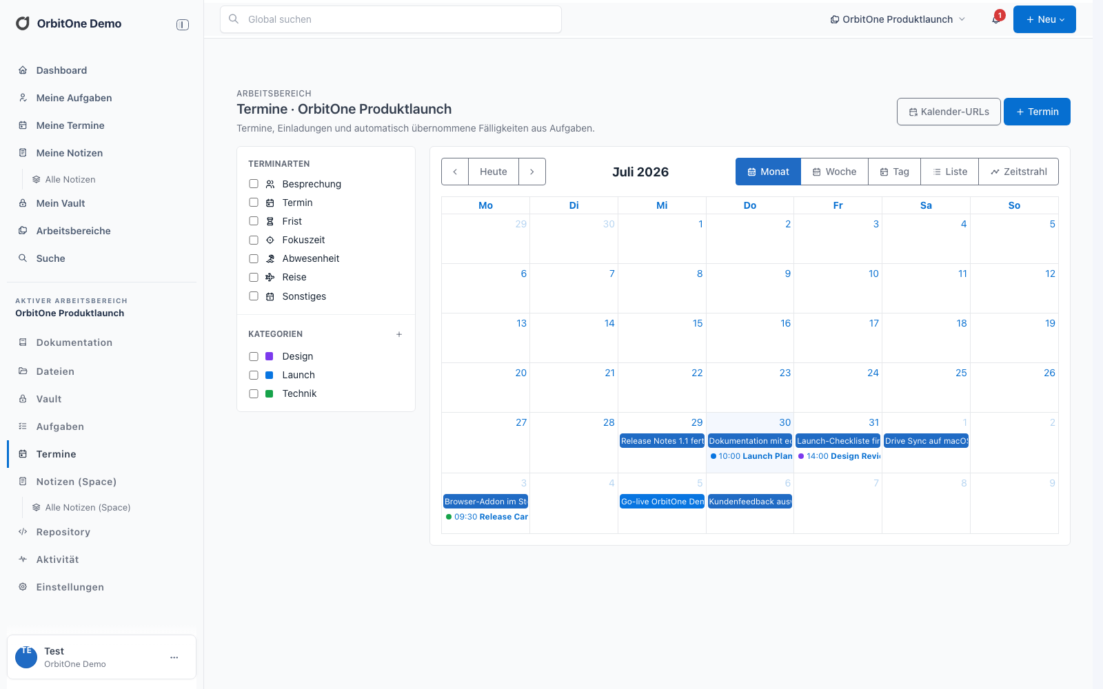 OrbitOne Workspace-Kalender in der Monatsansicht