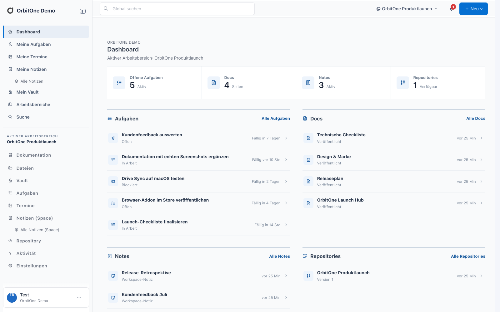 OrbitOne Web Dashboard mit Aufgaben, Docs, Notes und Repository