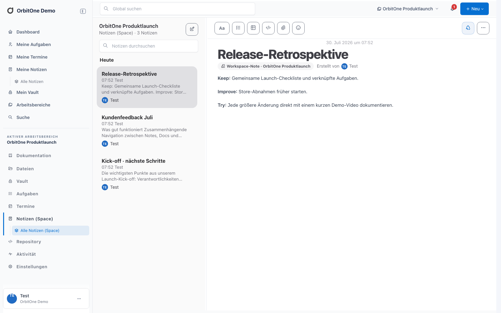 OrbitOne Notes mit Workspace-Hinweis und Richtext-Werkzeugen
