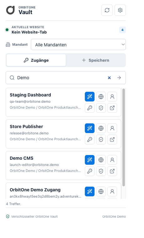 Echtes Popup des OrbitOne Vault Browser-Add-ons mit Zugangssuche