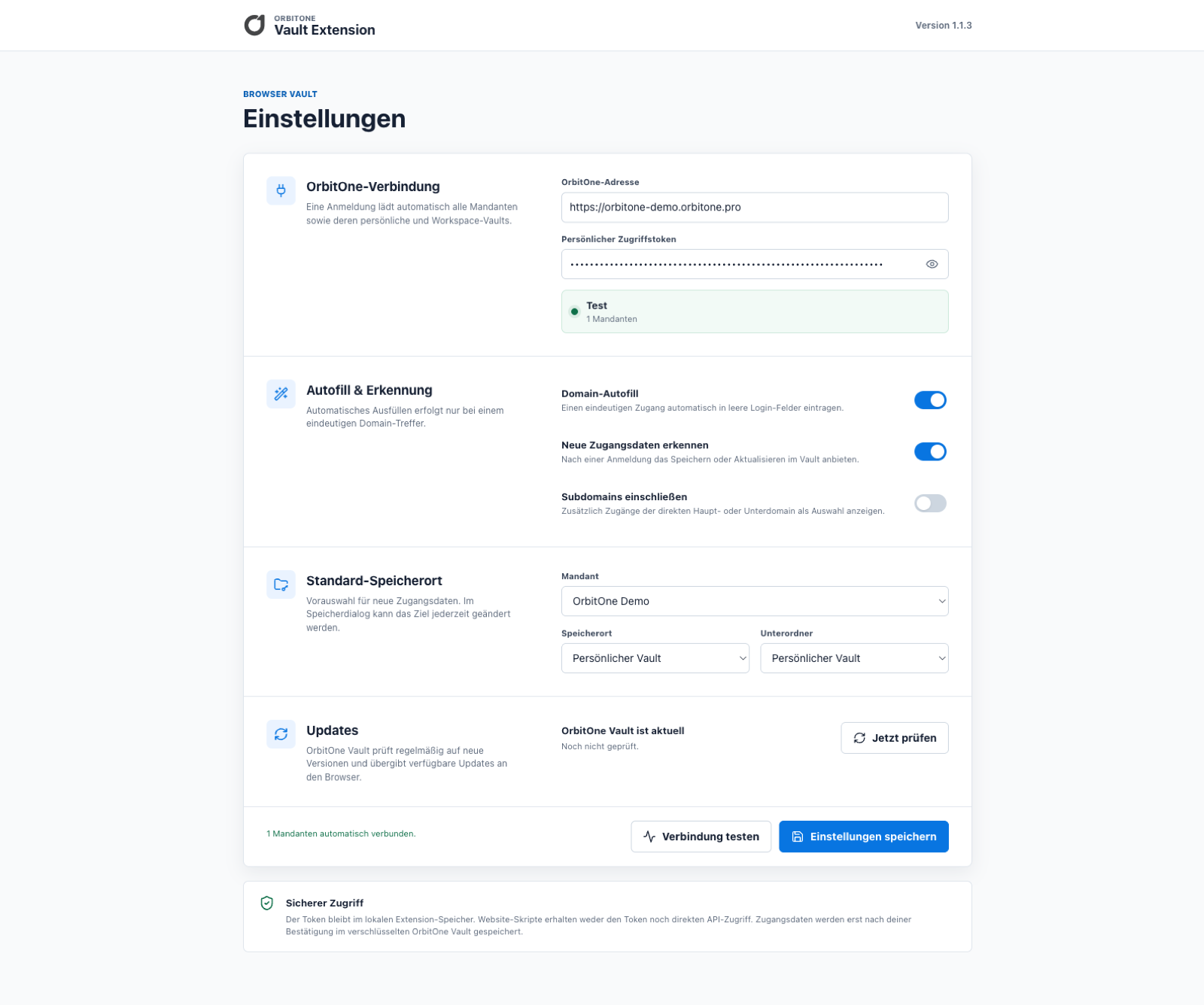 Echte Verbindungs- und Autofill-Einstellungen des OrbitOne Vault Browser-Add-ons