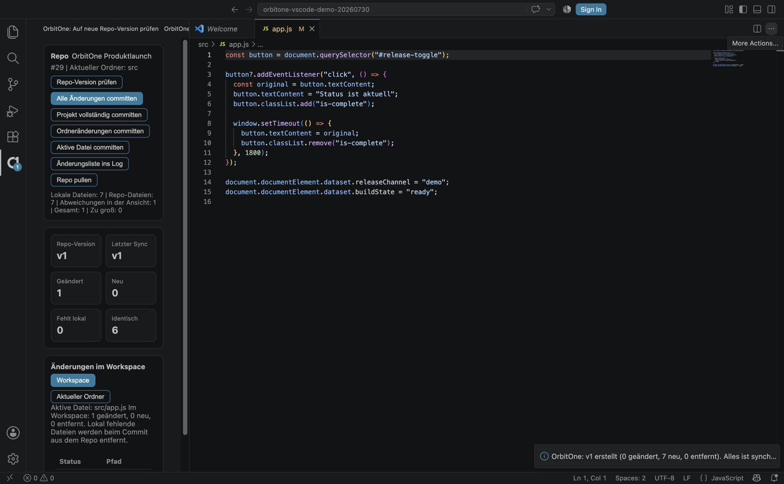 OrbitOne VS-Code-Erweiterung mit Repo-Version und einer lokalen Änderung