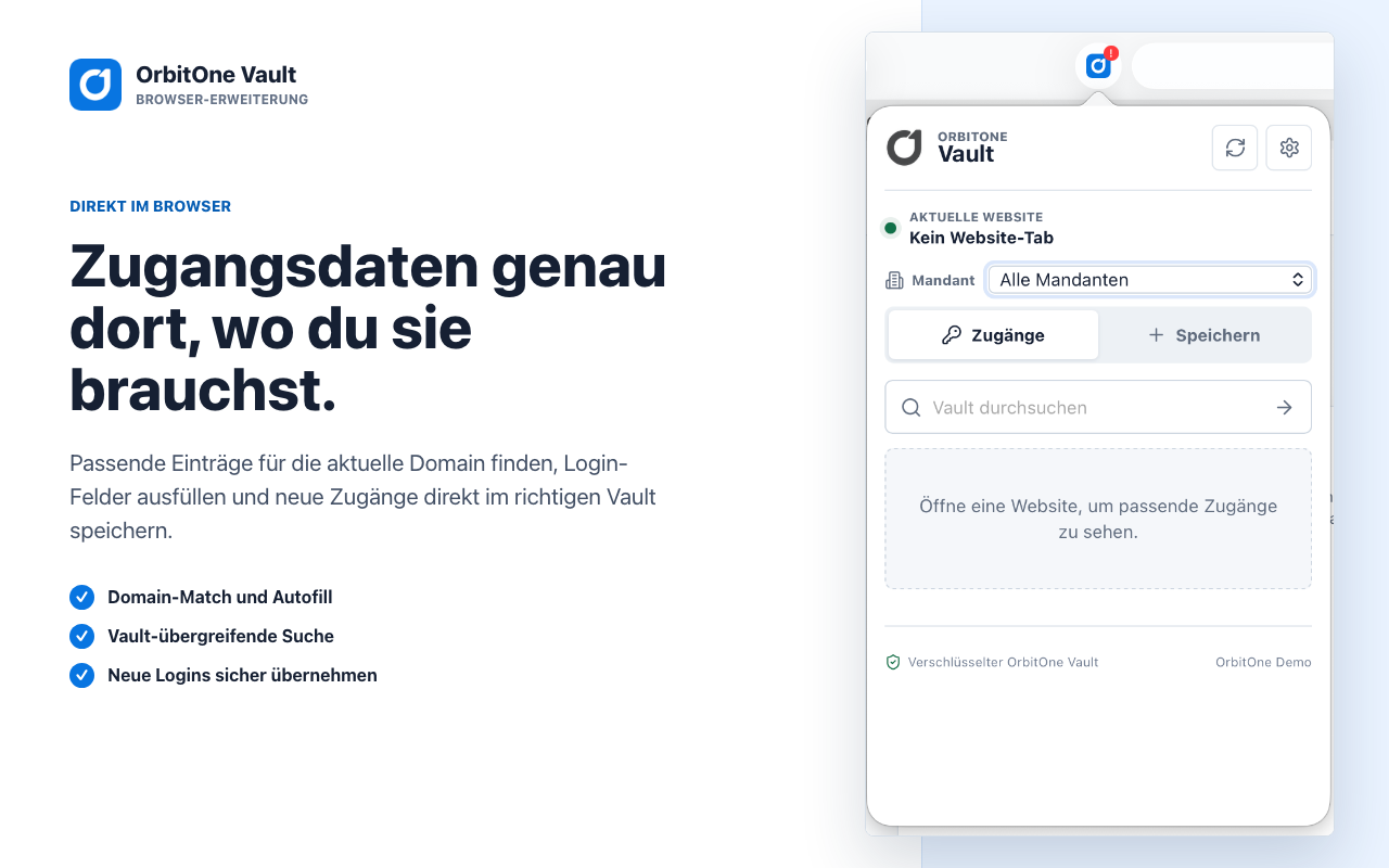 Popup des OrbitOne Vault Browser-Add-ons mit Zugangssuche