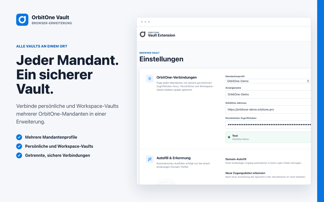 Verbindungs- und Autofill-Einstellungen des OrbitOne Vault Browser-Add-ons